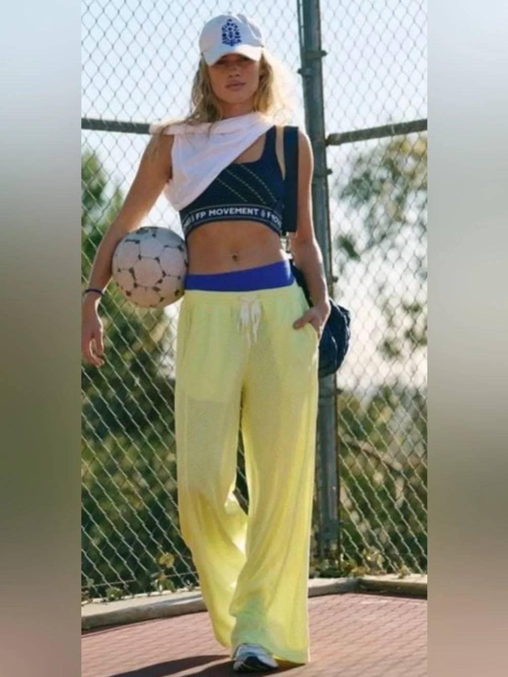Free People FP Movement Small Overtime Mesh Jersey Knit Pants Yellow Wide Leg - Picture 1 of 7